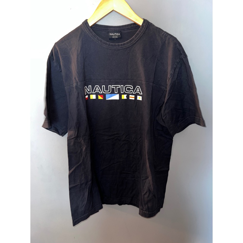 Nautica Mens Black Graphic T-Shirt Nautical Signal Flags Short Sleeve Size L